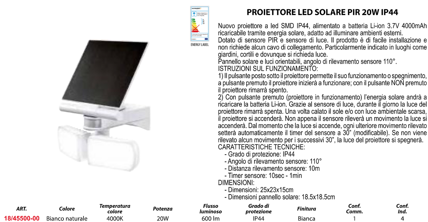 PROIETTORE LED SOLARE 8,5W 4000K BIANCO NATURALE "NATURAL WHITE"