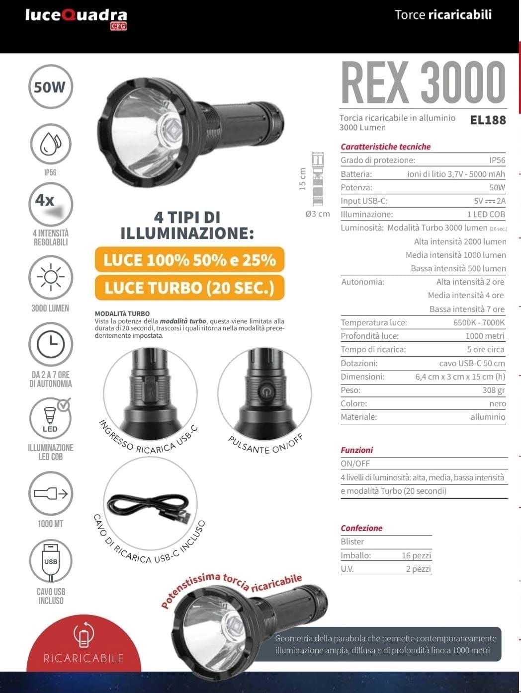 CFG Torcia LED ricaricabile 3000 lumen 15 cm EL188