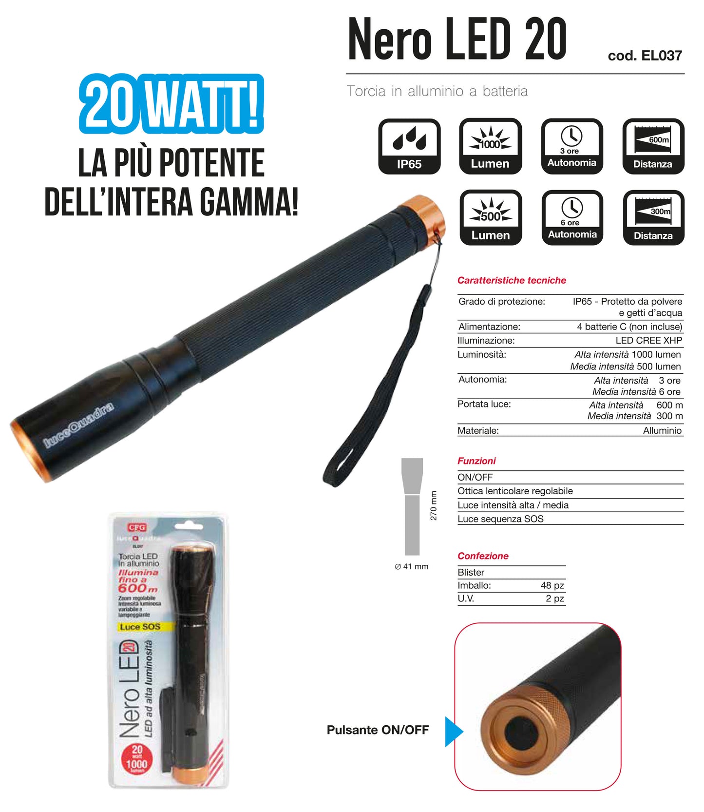 CFG EL037 NERO LED 20W TORCIA IN ALLUMINIO A BATTERIA