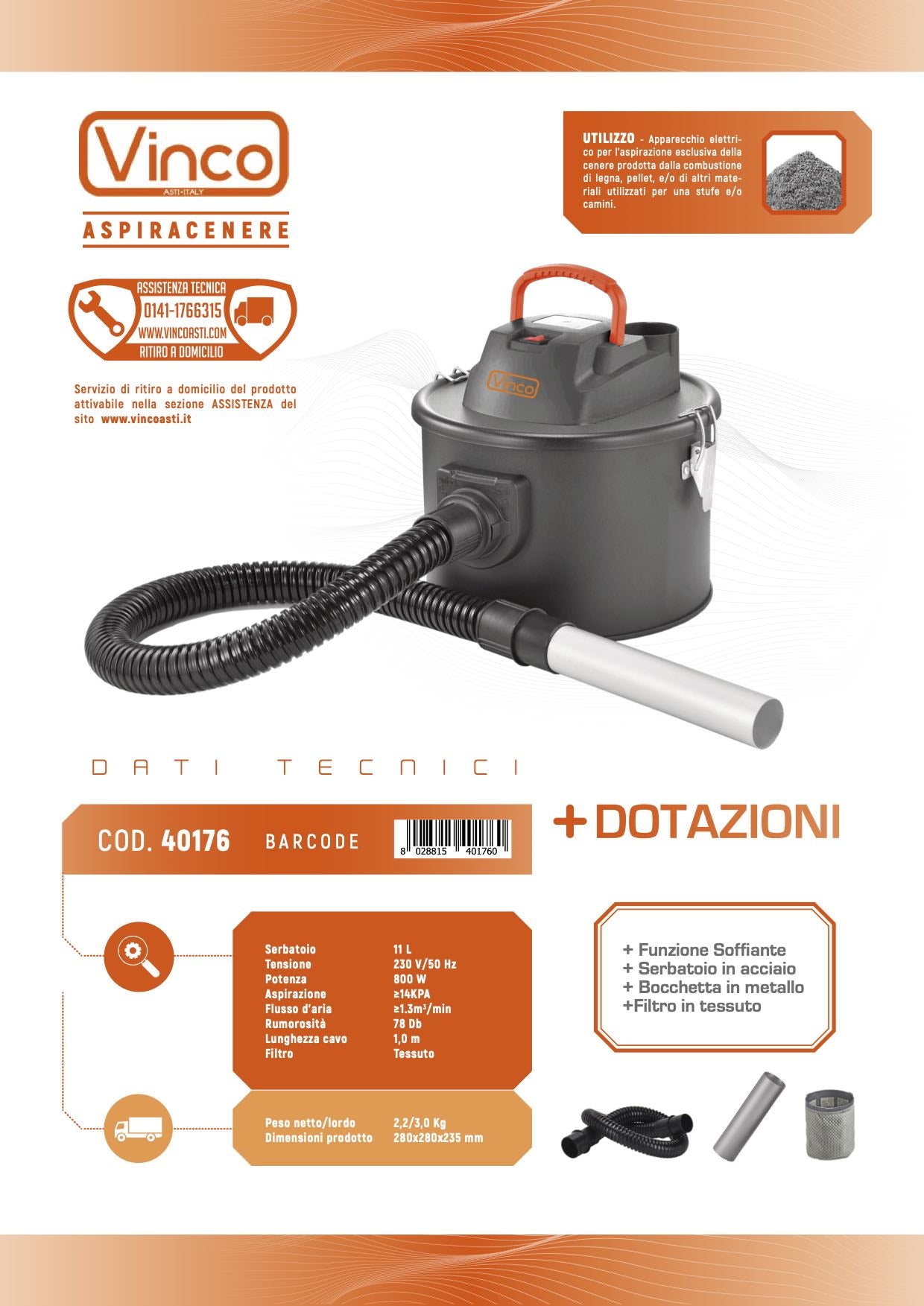 ASPIRACENERE 10 LT 800W ASPIRAPOLVERE CENERELLO VINCO 40176 PELLET CENERE