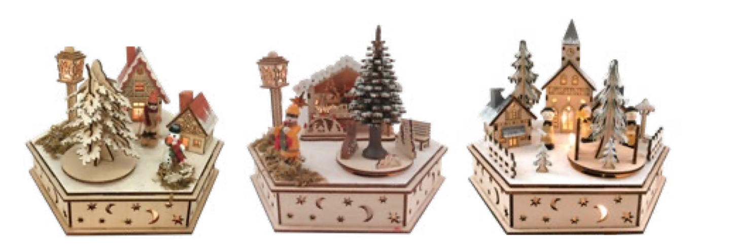 DECORAZIONI NATALIZIE PIAZZETTA ESAGONALE CON LUCI, CARILLON MOVIMENTO