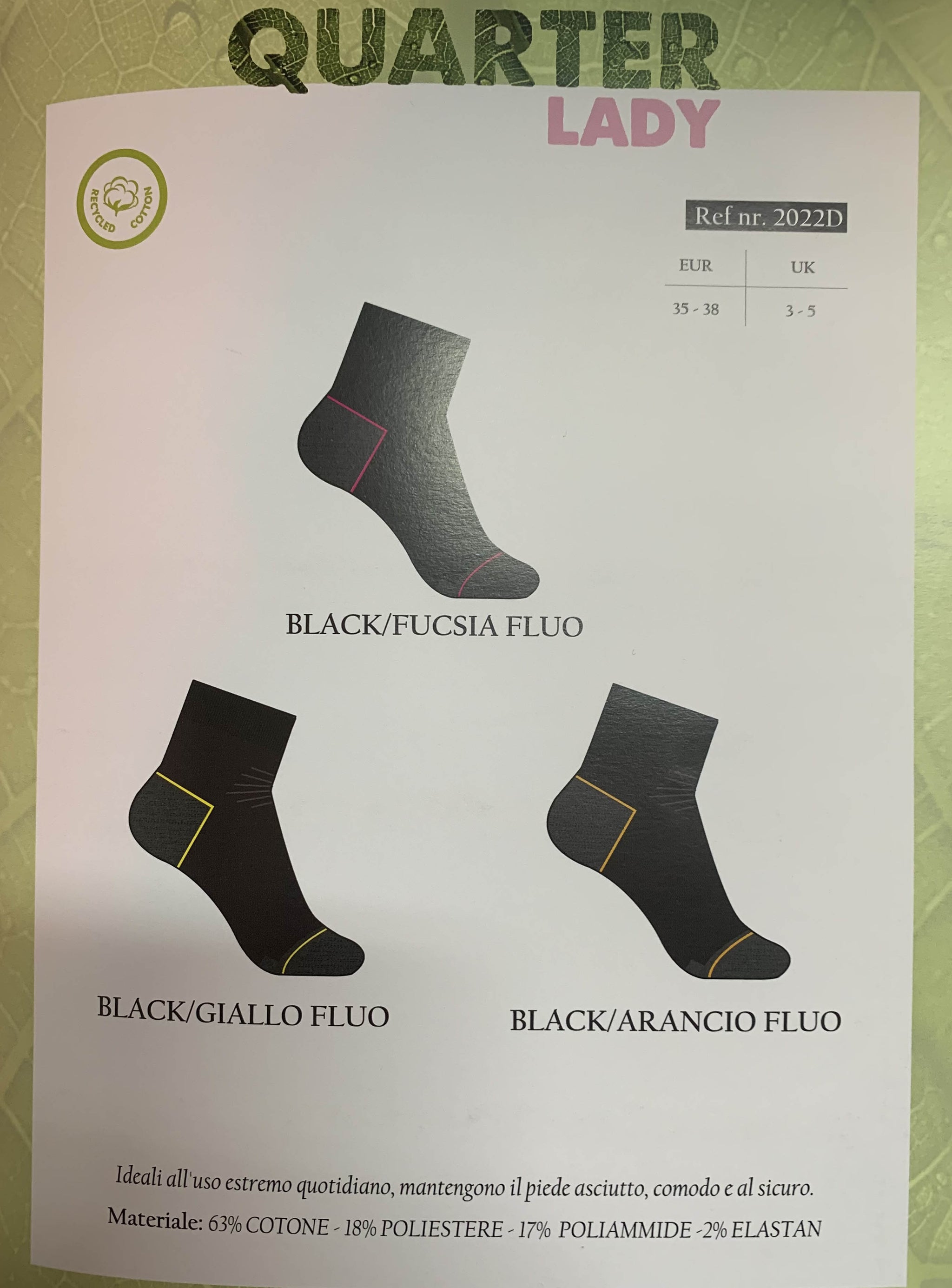 Calze da lavoro modello Quarter Lady Anson pacchetto 3 paia Art.2022D Nero/fluo