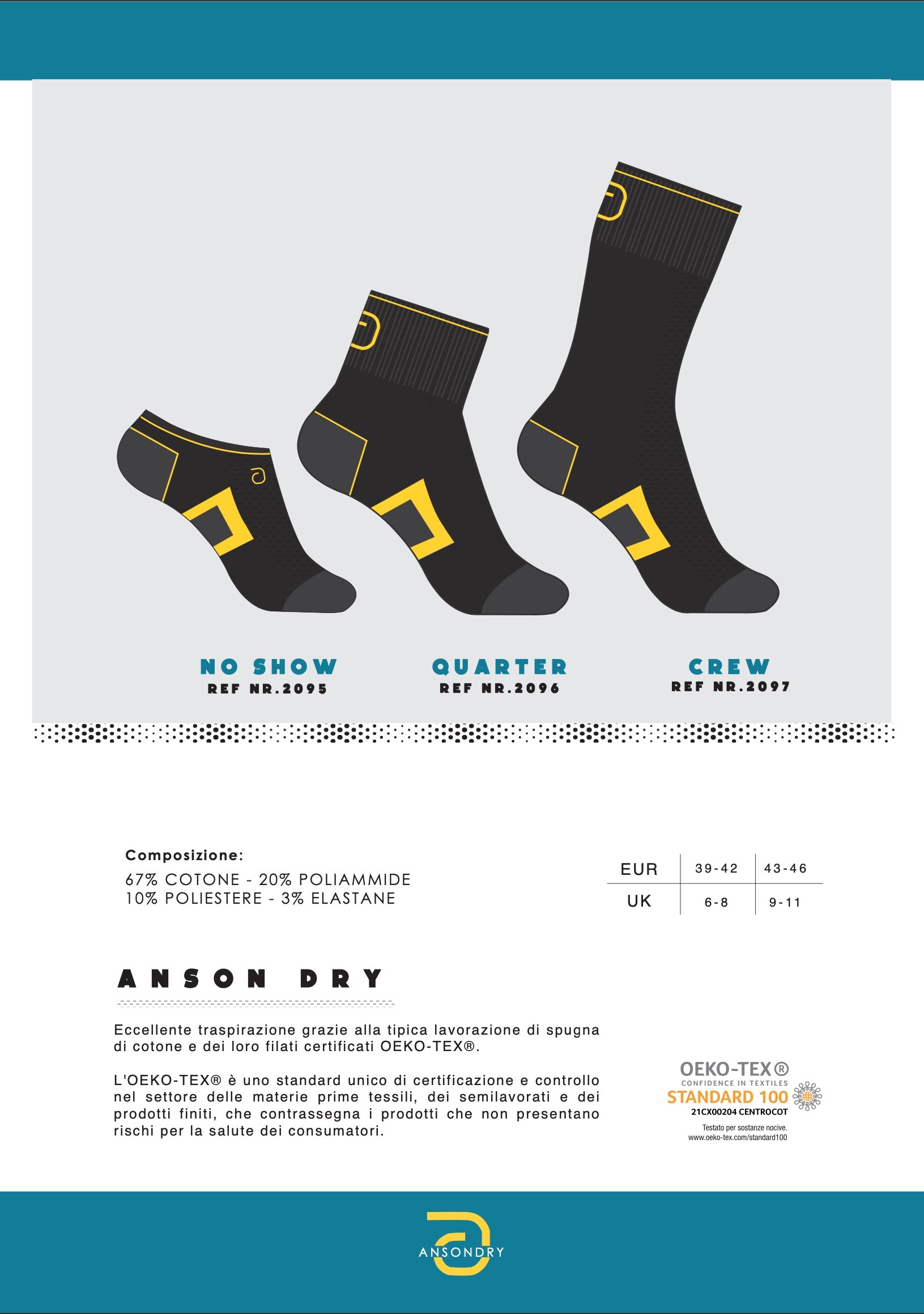 Calze da lavoro modello Crew Anson dry pacchetto 3 paia Art. 2097 Nero/grigio