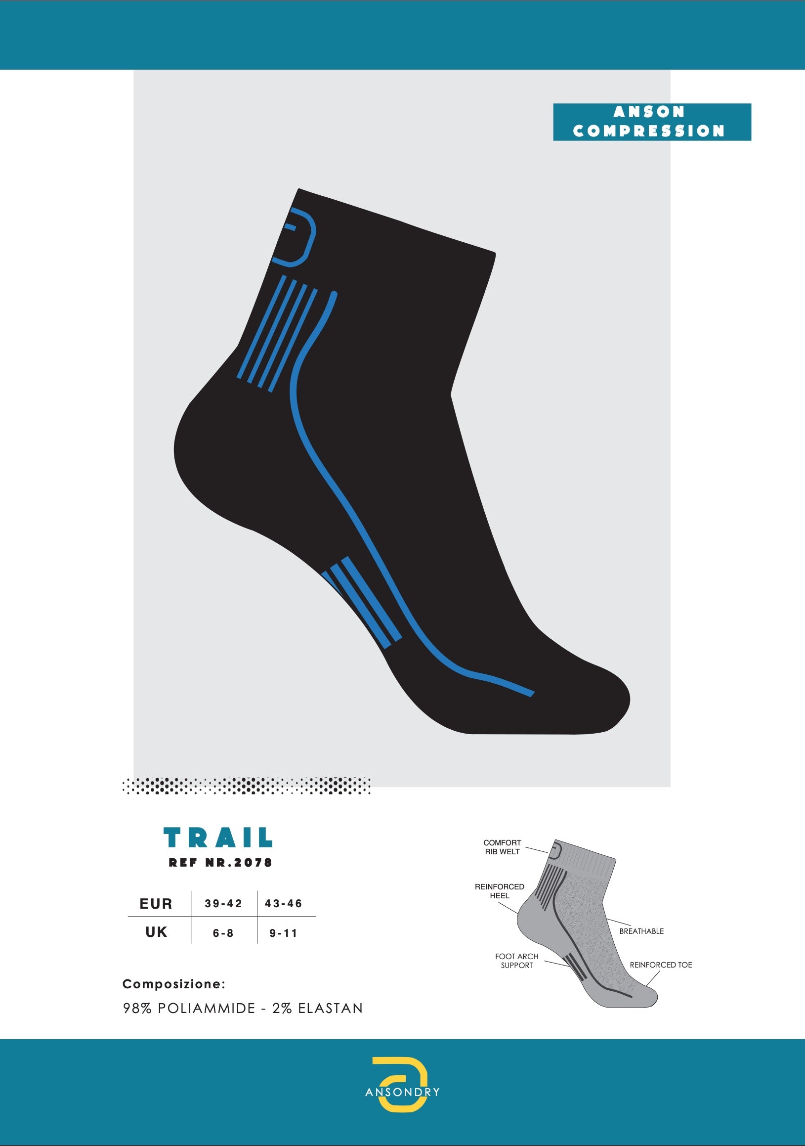 Calze modello Trail Anson compression pacchetto 3 paia Art. 2078 Nero/blu