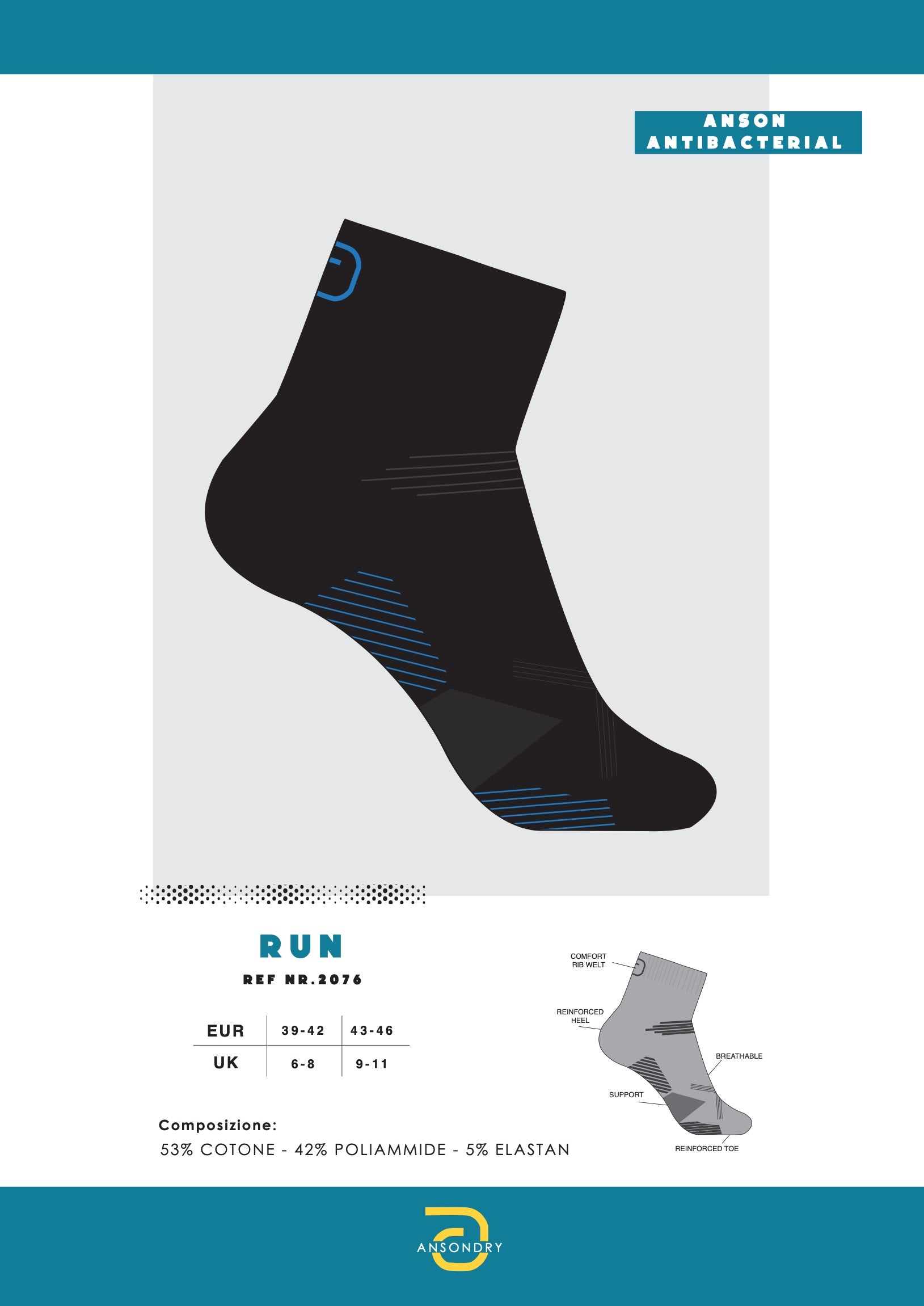 Calze modello Run Anson dry pacchetto 3 paia Art. 2076 Nero/blu