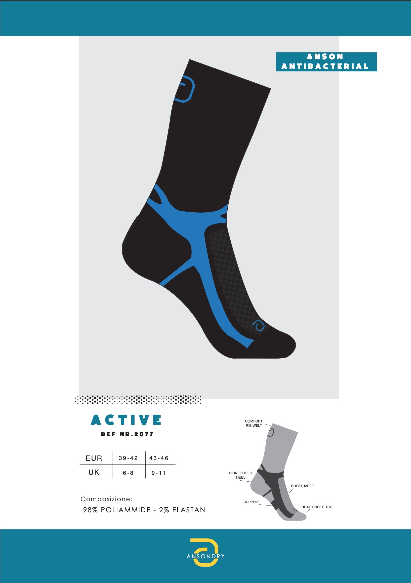 Calze modello Active Anson dry pacchetto 3 paia Art. 2077 Nero/blu