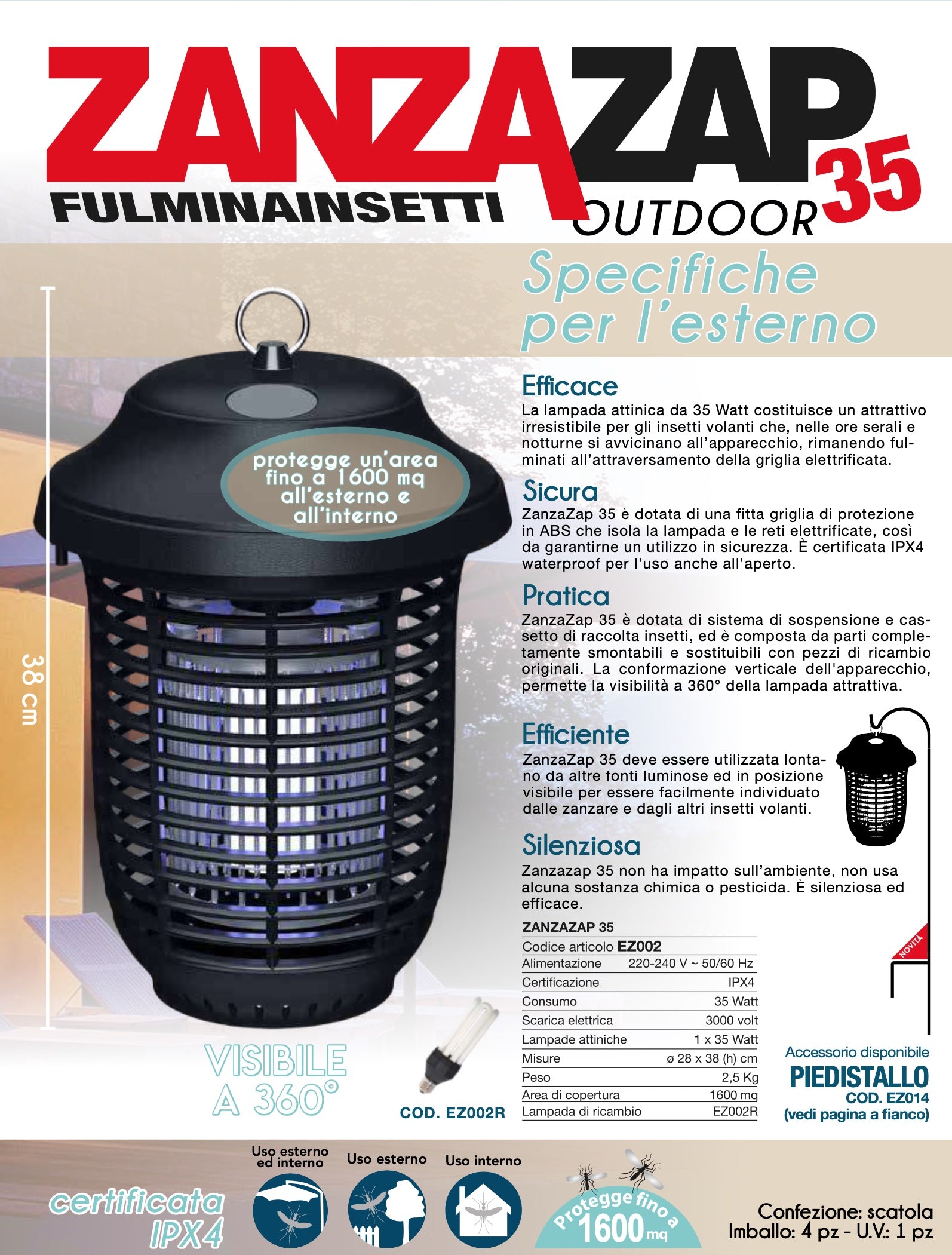 CFG EZ002 ZANZAZAP 35 OUTDOOR FULMINA INSETTI ZANZARE MOSCHE LAMPADA ATTINICA