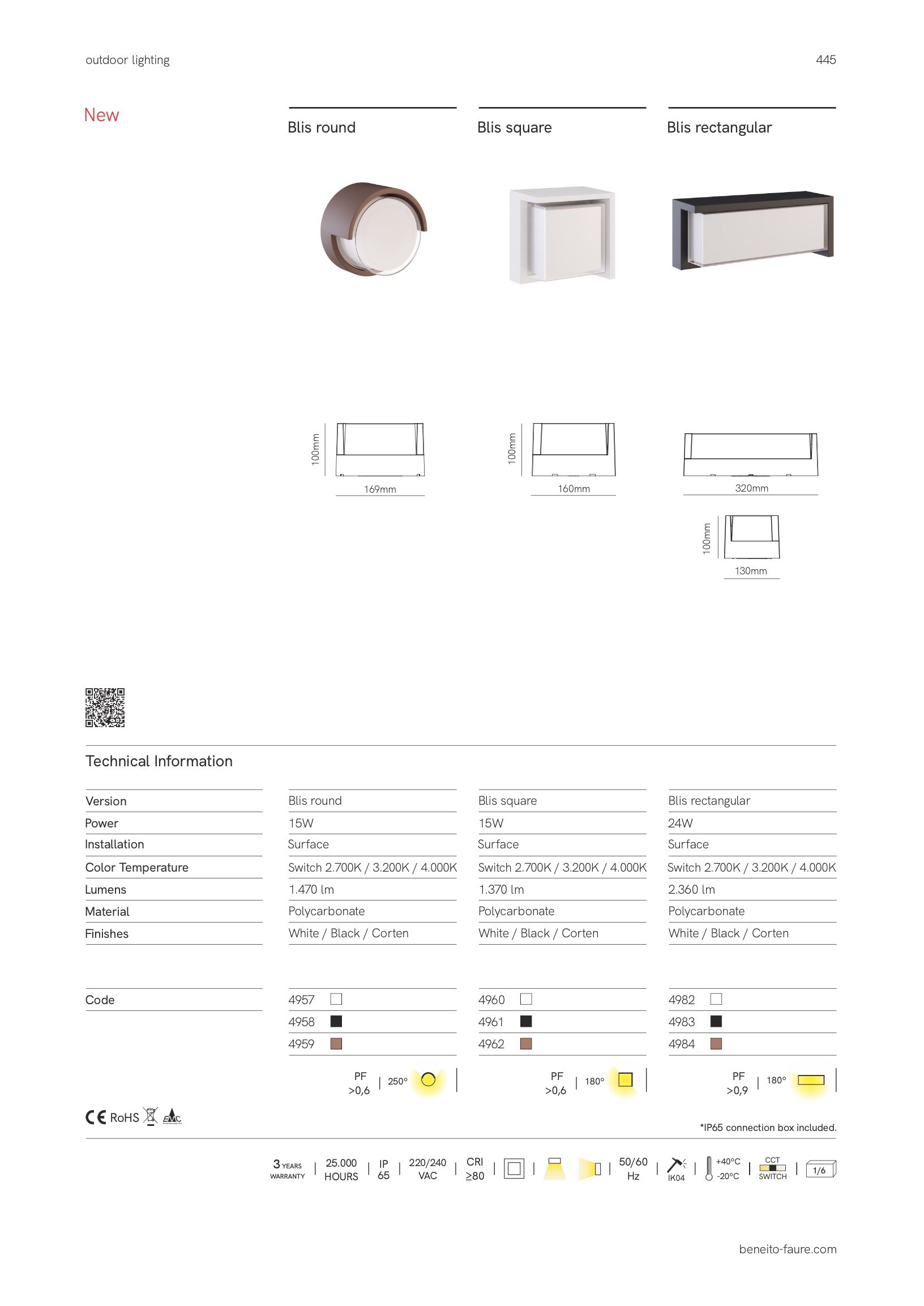 Proiettore led da esterno tondo 15W IP65 Bianco switch Beneito Faure 4957