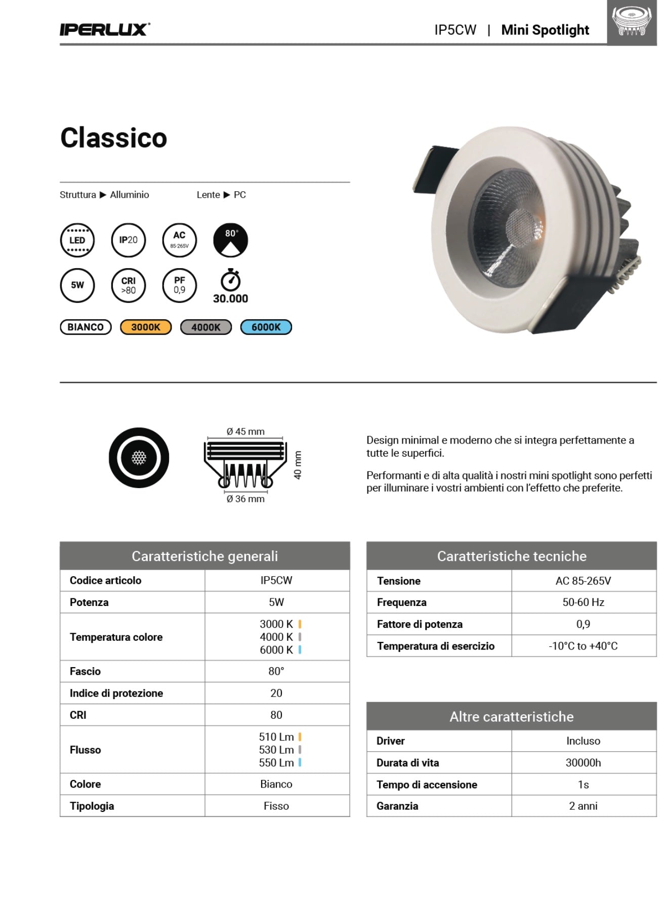 IPERLUX LED MINI SPOTLIGHT BIANCO AC85-265V 5W 3000K 510LM incluso driver