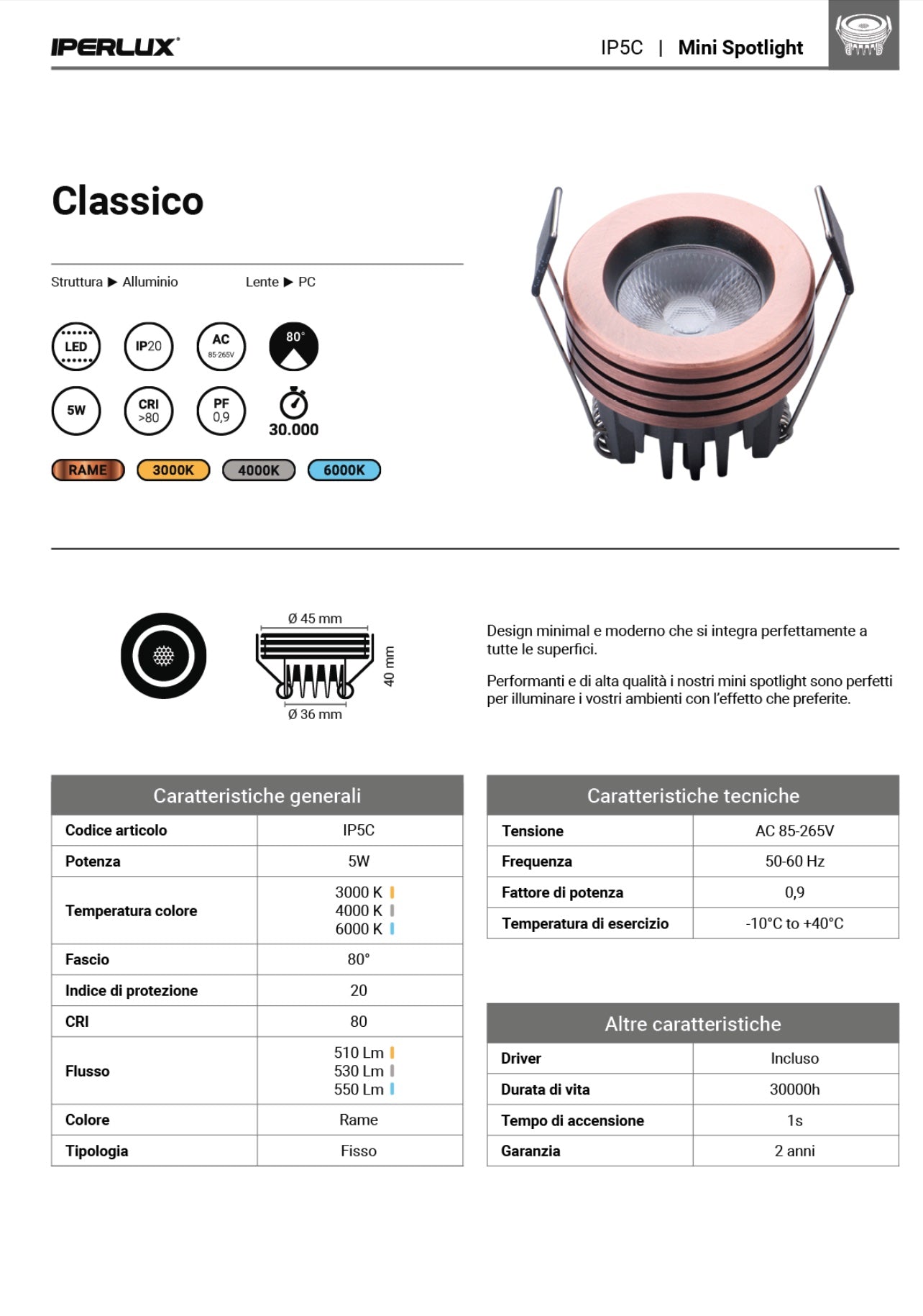 IPERLUX LED MINI SPOTLIGHT RAME AC85-265V 5W 4000K 530LM incluso driver