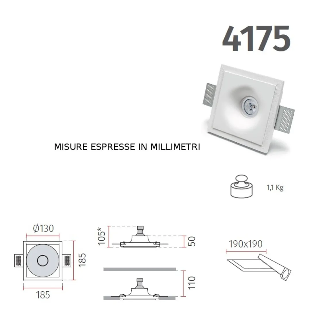 Faretto incasso gesso 9010 Belfiore GRU 4175.35 GU10 LED IP20