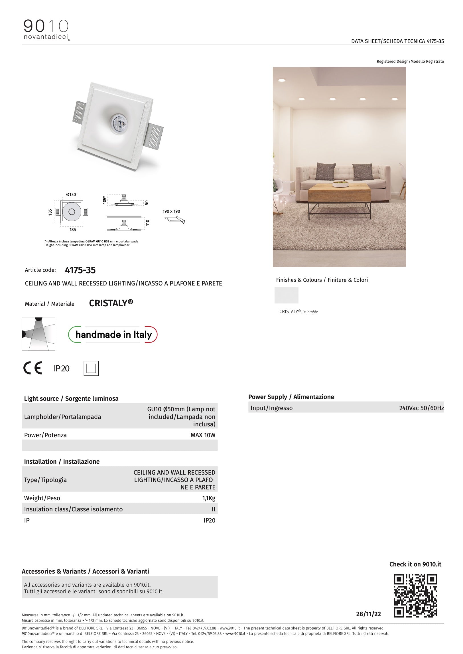 Faretto incasso gesso 9010 Belfiore GRU 4175.35 GU10 LED IP20