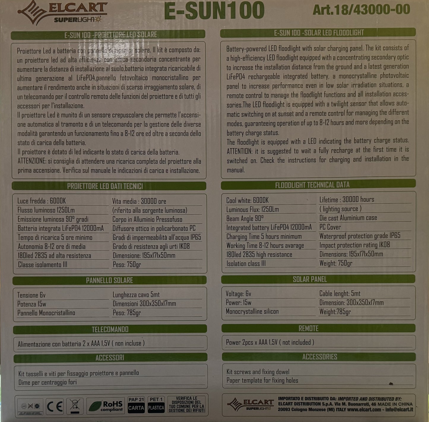 PROIETTORE LED SOLARE E-SUN100 6000K 1250LM 18/43000-00