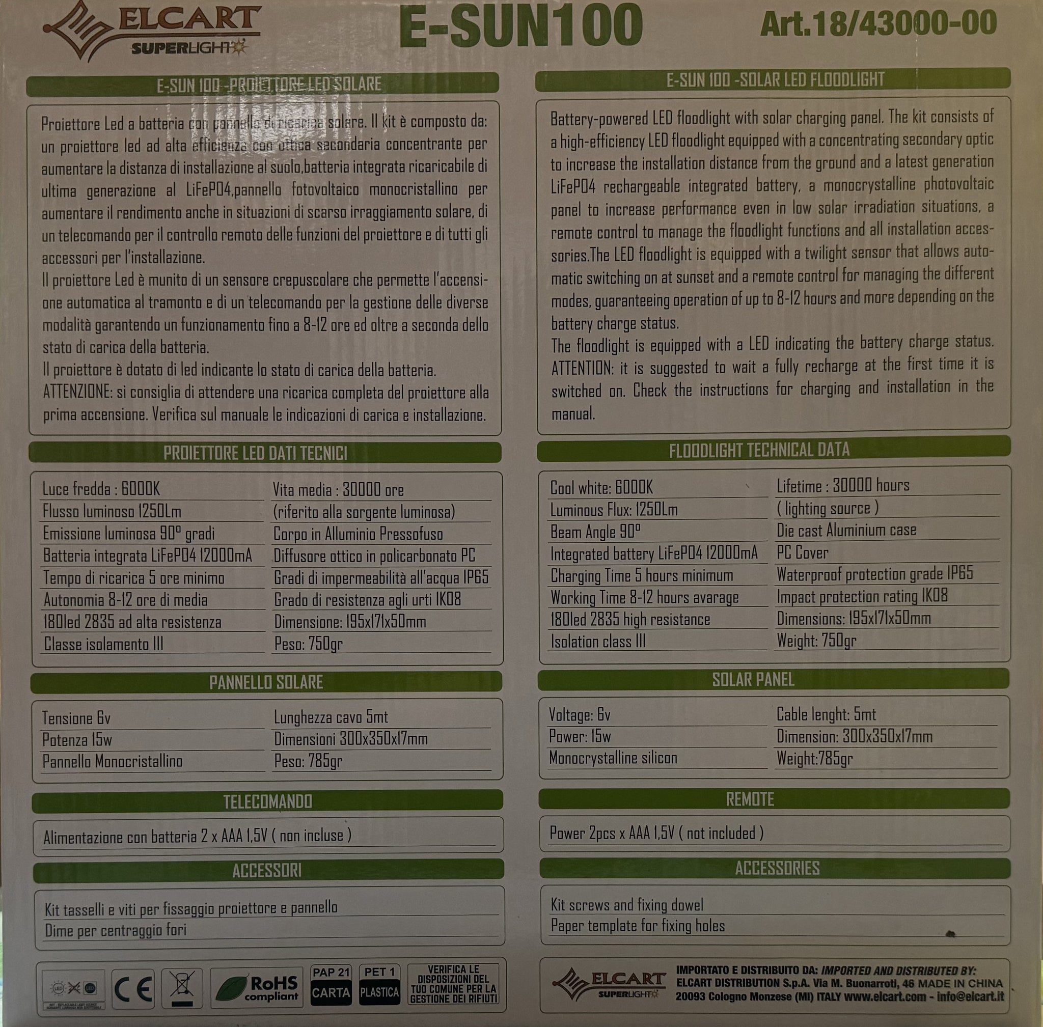 PROIETTORE LED SOLARE E-SUN100 6000K 1250LM 18/43000-00