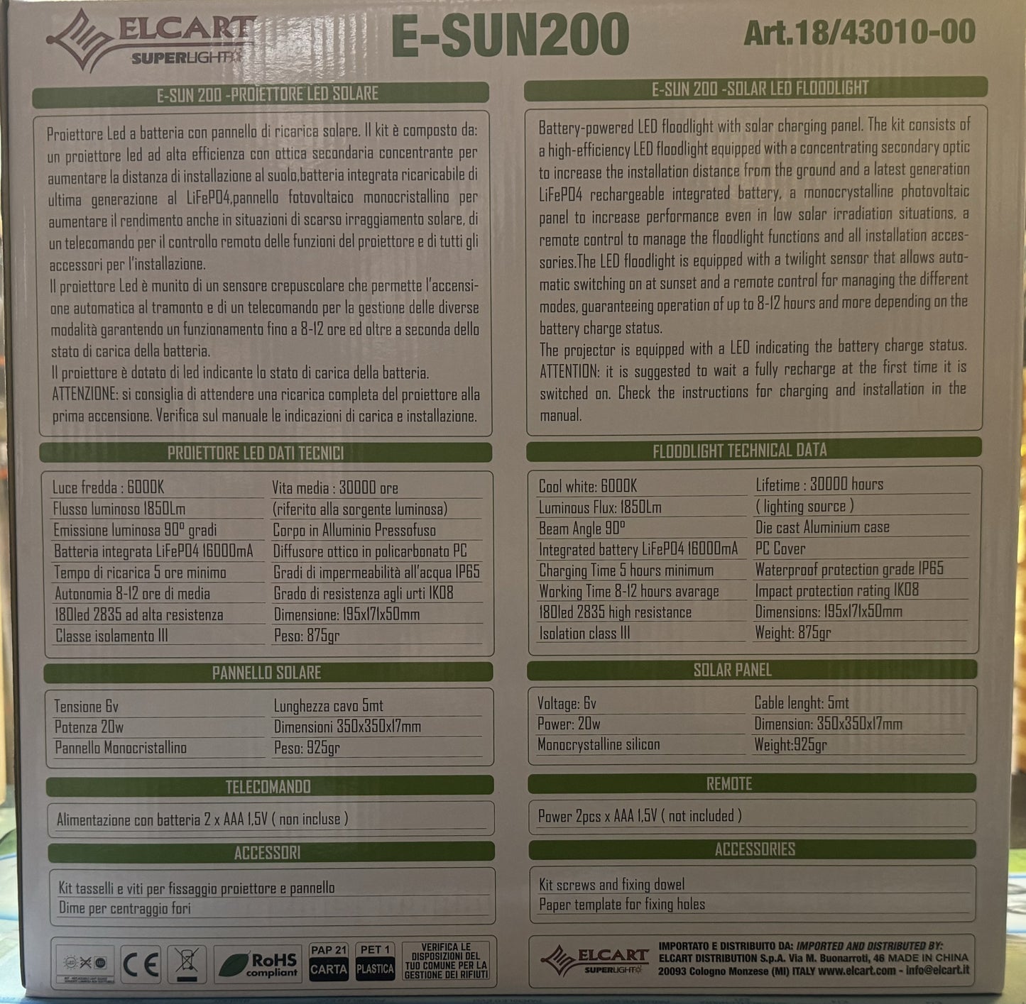 PROIETTORE LED SOLARE E-SUN200 6000K 1850LM 18/43010-00