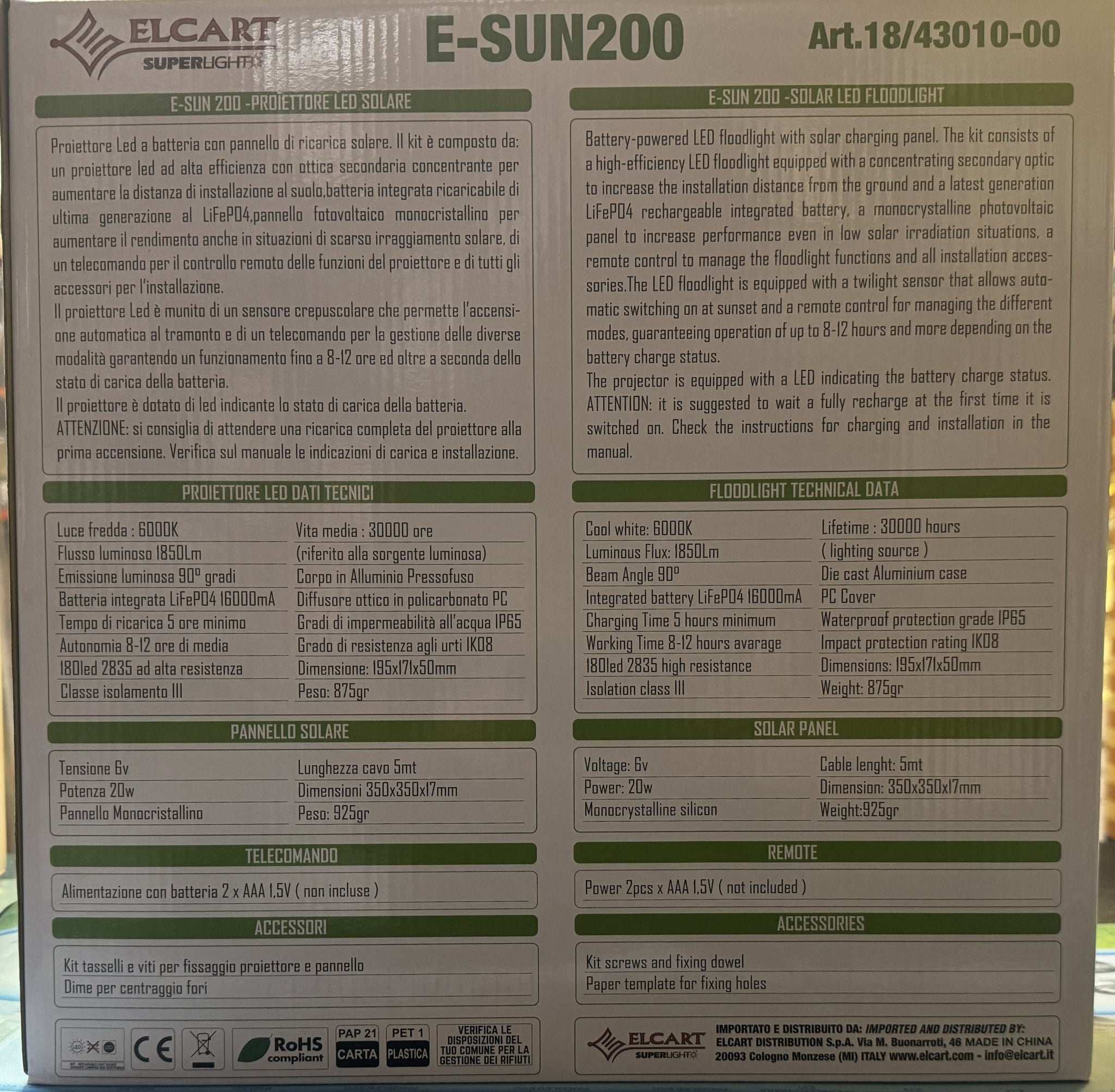 PROIETTORE LED SOLARE E-SUN200 6000K 1850LM 18/43010-00