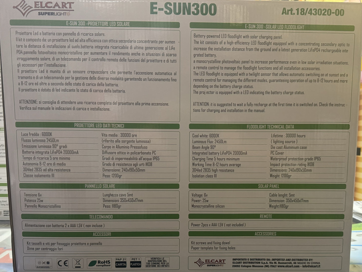 PROIETTORE LED SOLARE E-SUN300 6000K 2450LM 18/43020-00