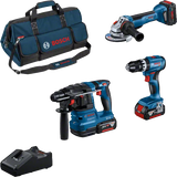 Kit Bosch Professional 18V Trapano avvitatore, Martello perforatore, smerigliatrice angolare, batterie + caricabatterie, borsa