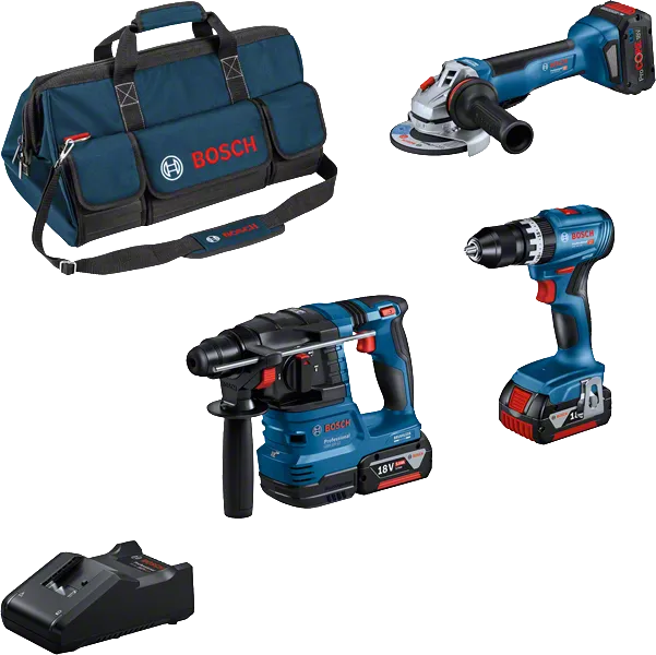 Kit Bosch Professional 18V Trapano avvitatore, Martello perforatore, smerigliatrice angolare, batterie + caricabatterie, borsa